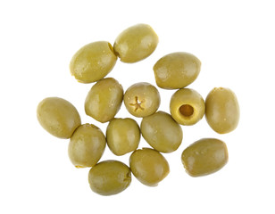 pitted green olives on a white background isolated