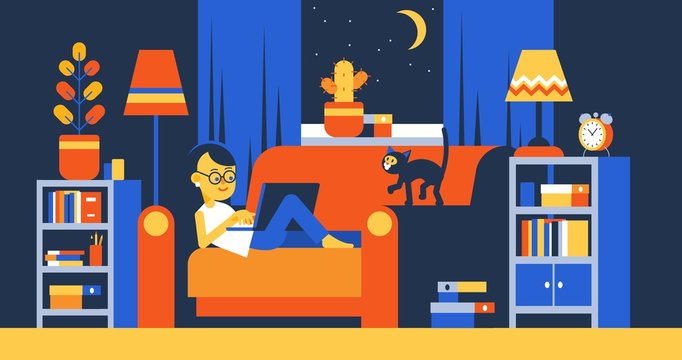 Woman with laptop on sofa working remotely at night. Girl work home in room interior. vector illustration.