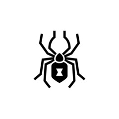 Black widow spider icon symbol in black flat shape design isolated on white background