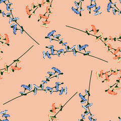 Floral seamless pattern. Abstract branches scattered random. Trendy vector texture. Good for fashion prints, design. Hand drawn small blue and red flowers on white background with polka dots