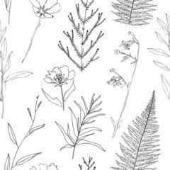 Outline blossom floral seamless pattern. Blooming botanical motifs scattered random. Modern line vector texture. Fashion, ditsy print, fabric. Hand drawn different wild meadow flowers