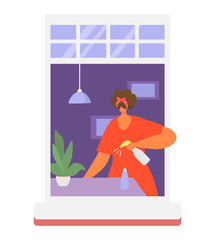 Neighbors people in window vector illustration. Cartoon active man woman or couple characters live in neighboring home apartments, building facade with windows. Flat residential house neighborhood set