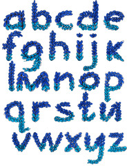 English drawing alphabet in blue-violet tones with letters imitating knitting