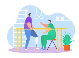 Physiotherapy rehabilitation assistance vector illustration. Cartoon flat patient character on physical rehabilitating therapy with physiotherapist doctor, sport exercise in gym icon isolated on white