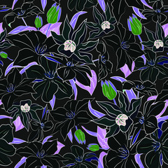 Clematis flowers seamless pattern hand-drawing. Summer background with flowers.gifts wrapping paper; For textiles,packaging,fabric,wallpaper.