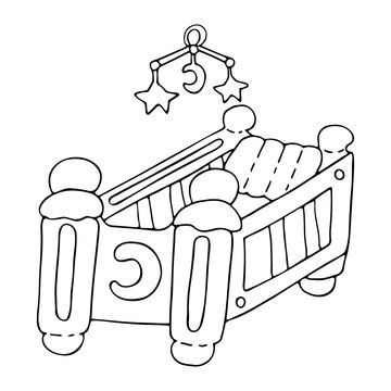 recommend clip art: Crib for sleeping with pillow and rattle. Wooden cradle engraved with crescent moon. Hand drawn outline vector illustration. Best design for kids room, invitation, album. Coloring page.