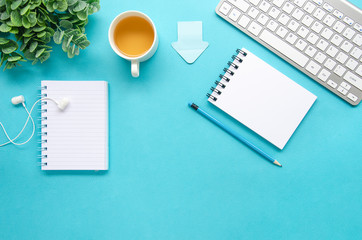 Trendy home office workspace. Blue desk with Laptop, plant and notebooks. Copy space mockup, Top view