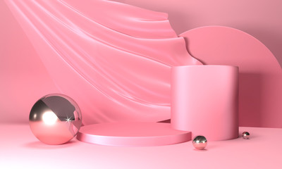Round podium on pink pastel background. Elegant red silk fabric flow, falls to surface. 3d render illustration. Empty pedestal, stand for mockup products. Copy space on delicate luxurious satin 