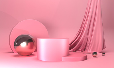 Round podium on pink pastel background. Elegant red silk fabric flow, falls to surface. 3d render illustration. Empty pedestal, stand for mockup products. Copy space on delicate luxurious satin 