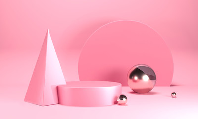 Round podium on pink pastel background. Elegant pink silk fabric round pedestal. 3d render illustration. Empty pedestal, stand for mockup products. Copy space on delicate luxurious satin platform