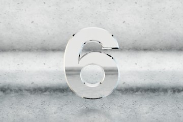 Chrome 3d number 6. Glossy chrome number on scratched metal background. 3d render.