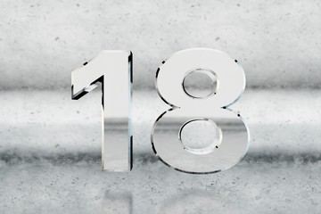 Chrome 3d number 18. Glossy chrome number on scratched metal background. 3d render.