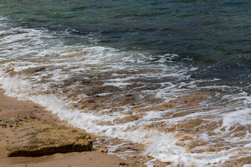 Blue sea wave, white foam, golden sand beach, turquoise ocean water close up, summer holidays border frame concept, tropical island vacation backdrop, tourist travel banner design template, copy space