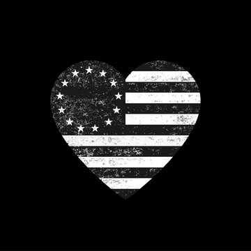 Distressed Black and White Betsy Ross Flag Heart . Grunge Black and White Betsy Ross Flag 

