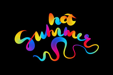 Hot summer lettering made by colorful rainbow fire or burning flame lettering over black background