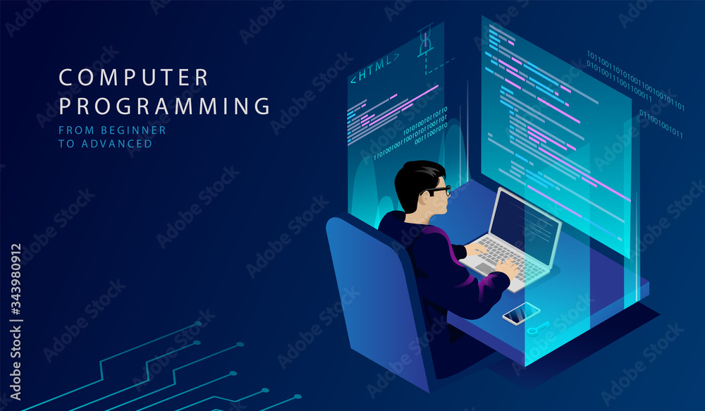 Poster isometric concept of programming courses. it academy offers remote courses html for future professio