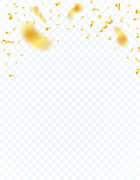 Falling golden confetti with isolated transparent background, template for vertical banner, flyer, certificate, greeting card or invitation. Vector illustration