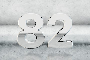 Chrome 3d number 82. Glossy chrome number on scratched metal background. 3d render.