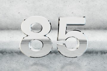 Chrome 3d number 85. Glossy chrome number on scratched metal background. 3d render.