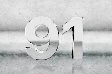 Chrome 3d number 91. Glossy chrome number on scratched metal background. 3d render.