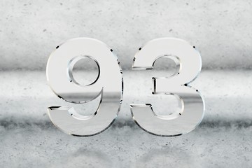 Chrome 3d number 93. Glossy chrome number on scratched metal background. 3d render.