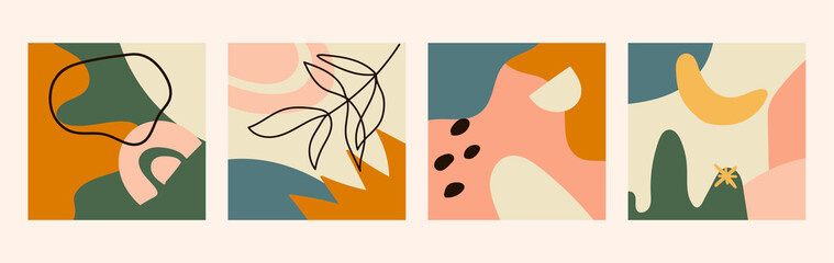 Set of abstract backgrounds. Memphis contemporary trendy backgrounds. Isolated abstract illustrations. Hand drawn doodle objects and shapes. Vector illustration in pastel warm colors