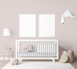 Mock Up empty frames In farmhouse Interior Background in baby room with poster frame, nursery mockup, Scandinavian Style, 3D render, 3D illustration	