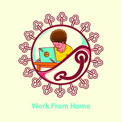 Work From Home vector illustration with man working on laptop inside virus symbol
