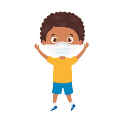 cute boy afro using face mask with hands up vector illustration design