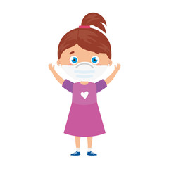 cute girl using face mask with hands up isolated icon vector illustration design