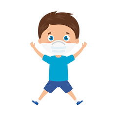 cute boy using face mask with hands up celebrating vector illustration design