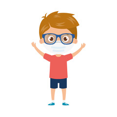 cute boy using face mask with hands up celebrating vector illustration design