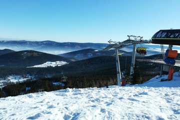 European ski resort. Mountains, snow, ski lift, snowboard