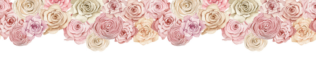 Pink and creamy roses banner. Seamless header with beautiful watercolor roses. Endless hand-drawn floral illustration.