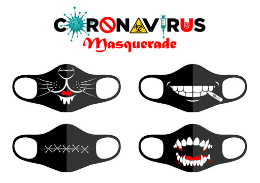 Print design concept on reusable face protection masks. Entertainment during coronavirus quarantine. Funny cartoon faces - sewn mouth, fanged mouth, thermometer in the mouth, mask of cat, lion. 