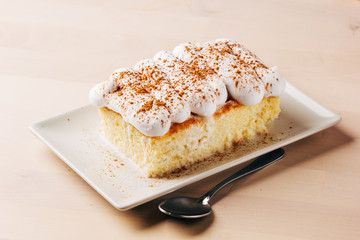 Tres leches cake, typical Latin American dessert, is made of condensed milk, evaporated milk and milk cream
