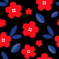 Red flower with black background seamless pattern