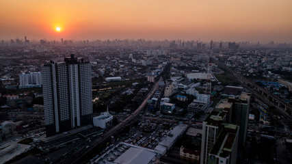 Naklejka na ściany i meble High angle view Aerial photograph of landscape city and sunset