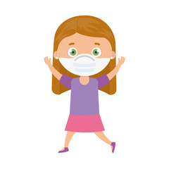 cute girl using face mask with hands up isolated icon vector illustration design