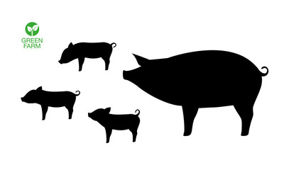 Farm Animal Pig with Funny Piggy. Little Piglet. Vector Icon Set. Silhouette.