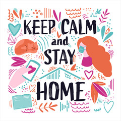 Lettering with various isolated elements around about the need to be at home during the period of quarantine and self-association.