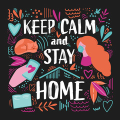 Bright and colorful vector illustration about the need to be at home during the period of quarantine and self-association. Lettering with various isolated elements 