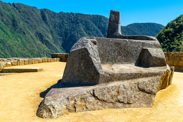 The throne of the Inca carved granite rock, an astronomical observatory, in the ruin of Machu...