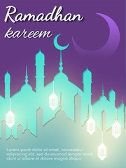 Ramadan kareem (means generous) banner for brochure, poster, flyer design and greeting card. Download Ramadan design vector with mosque and lampion illustration.