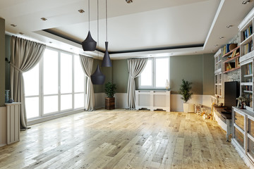 empty interior design living room. balcony with large windows. Scandinavian style. TV unit and library. 3D illustration