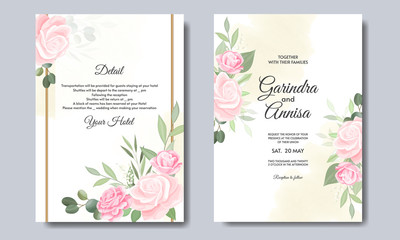 Elegant wedding invitation card with beautiful flower and leaves premium vector