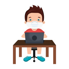 boy using face mask with laptop studying online vector illustration design