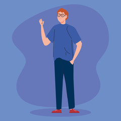 young man with eyeglasses waving avatar character icon vector illustration design