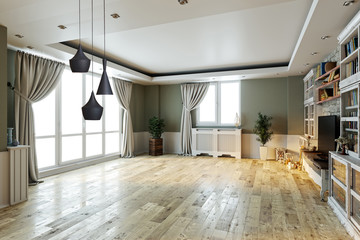 empty interior design living room. balcony with large windows. Scandinavian style. TV unit and library. 3D illustration