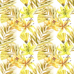 Tropical seamless pattern with tropical leaves, palm, yellow orange lilly flowers on an isolated white background, watercolor jungle drawing, Fabric wallpaper print texture. Stock illustration.